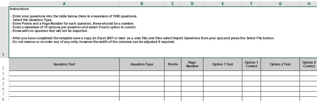 Import Questions Spreadsheet