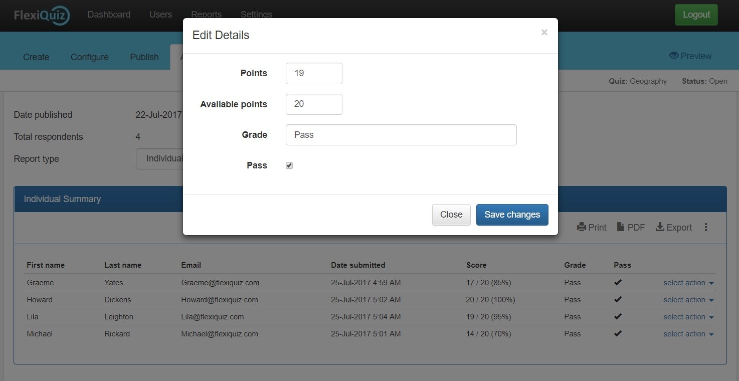 Edit quiz grade