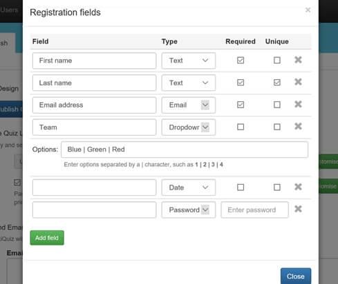 Registration fields