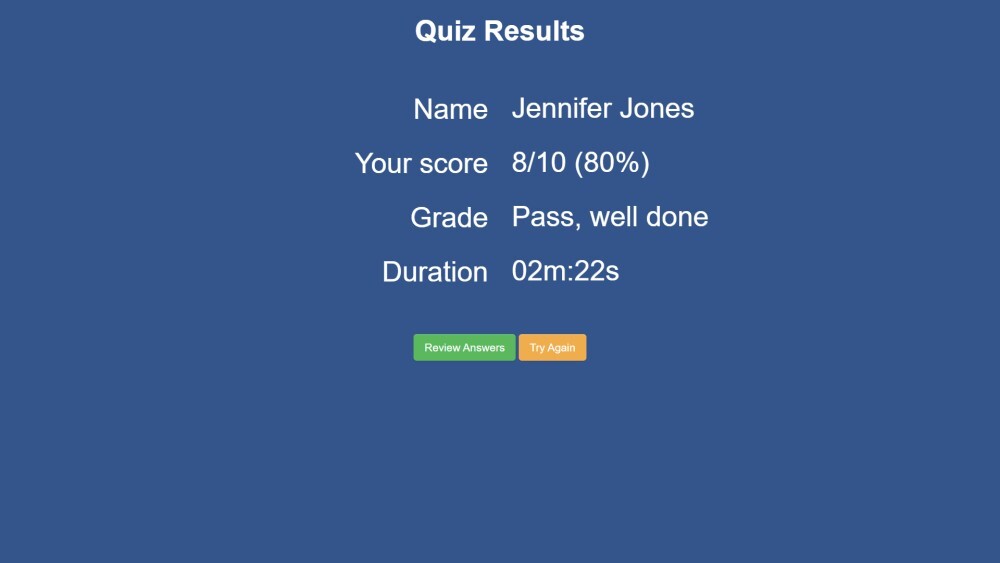 Quiz grading results scoring