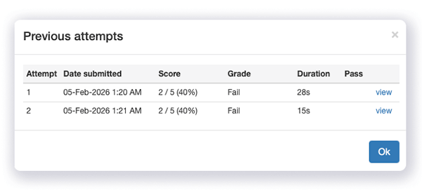 list of previous quiz attempts