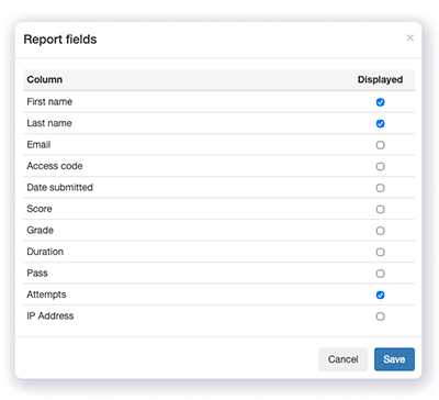 List of options to show on analyze quiz table