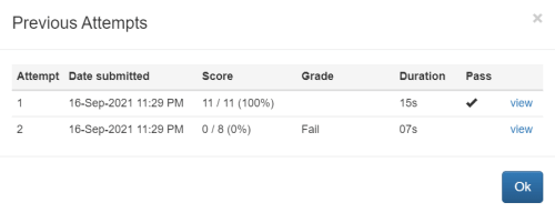 List of previous quiz attempts