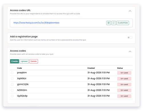 FlexiQuiz Access codes for taking quizzes
