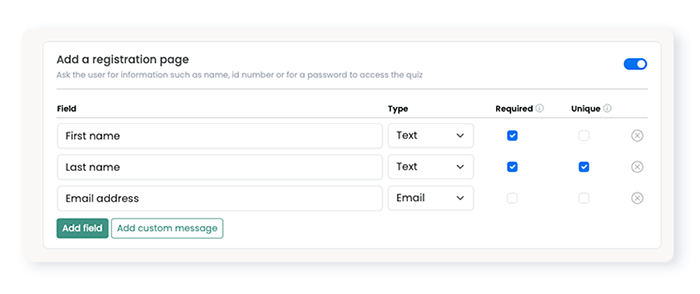 registration configure screen with tick in unique box
