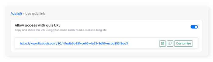 Quiz URL with buttons to copy URL or generate QR code