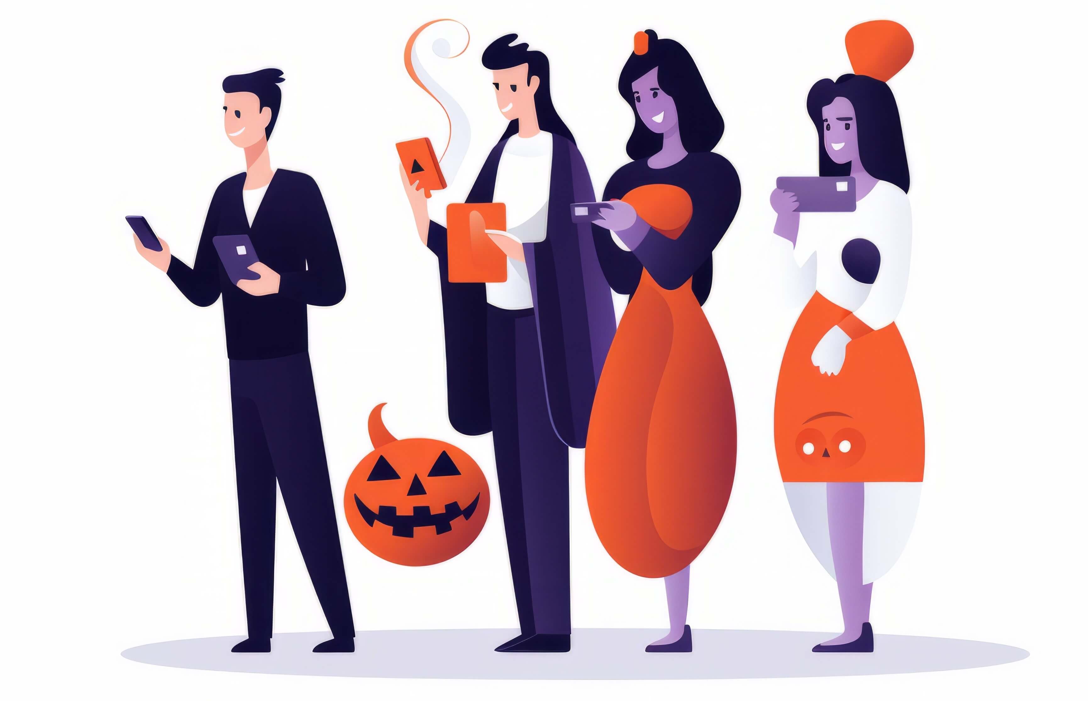 People in halloween costume playing a quiz on their mobile phones