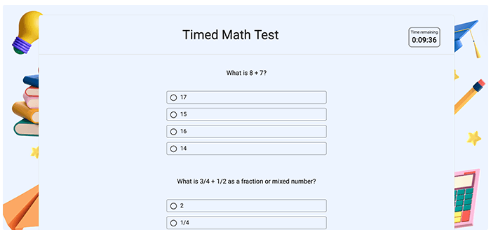 Math test with countdown timer