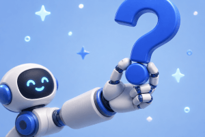 robot holding question mark in the air