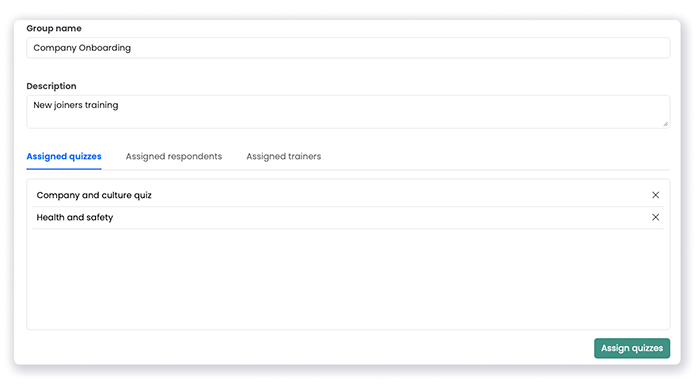 Groups profile page with list of assigned quizzes