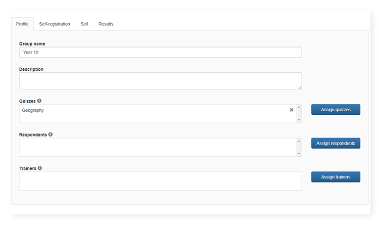 a group profile and with options to assign quizzes and users