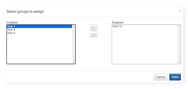 screen showing two boxes with assigned quizzes in one and available in the other box