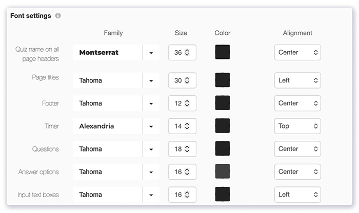 List of places you can customize quiz fonts