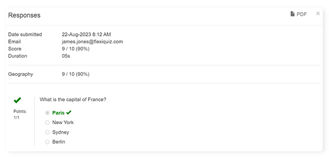 FlexiQuiz PDF results report with list of questions and answers