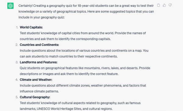 chatGPT response for geography quiz topics