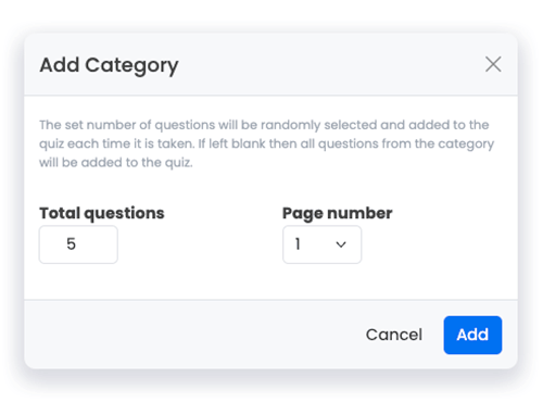 FlexiQuiz add category pop up screen to choose questions