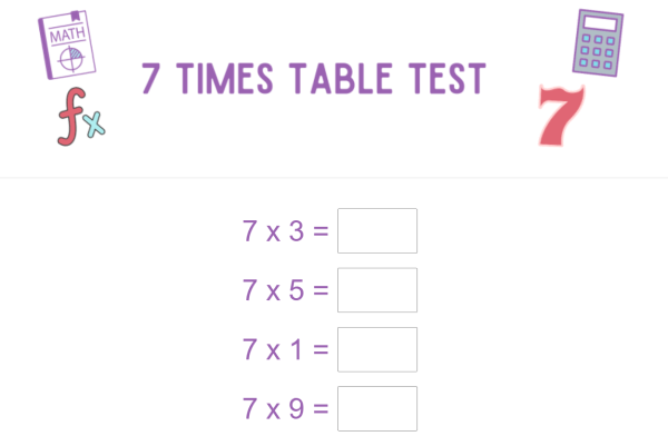 sample seven times table test