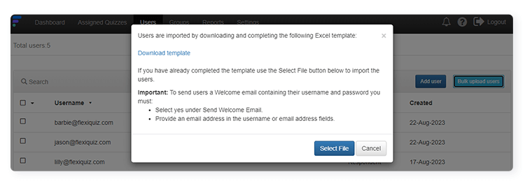 screen showing download template button for bulk uploading quiz users