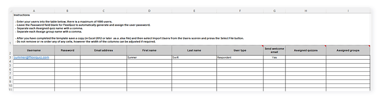excel spreadsheet sample showing columns of information needed for quiz users