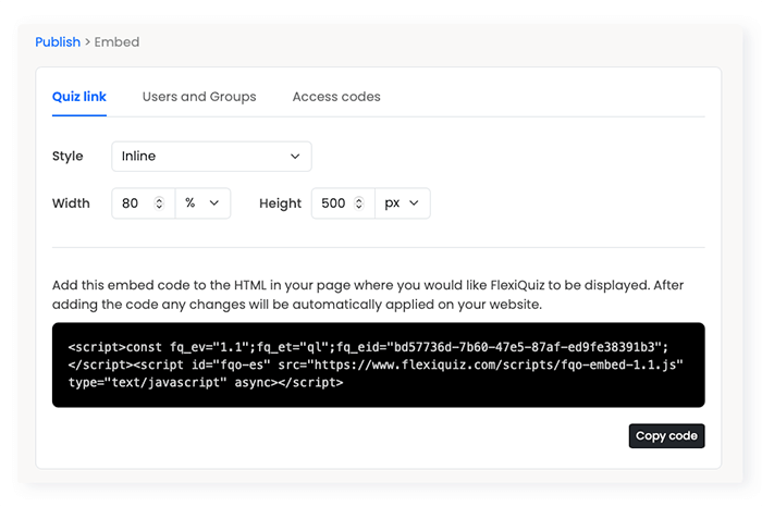 Embed quiz code and formatting options