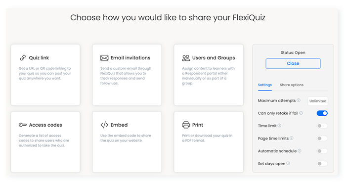 Publish quiz page with all ways to share your quiz. There is a box for embedding the quiz.