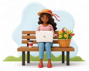 Lady wearing an Easter bonnet making a Easter quiz on laptop