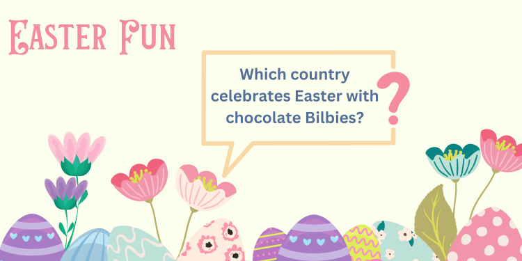 Easter quiz question with a background of spring flowers and eggs