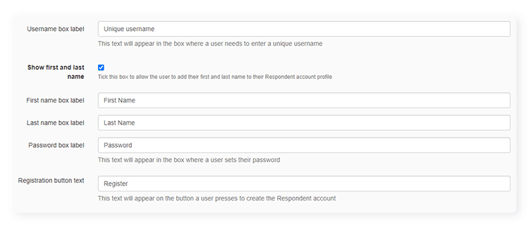 Boxes to customize quiz self-registration page