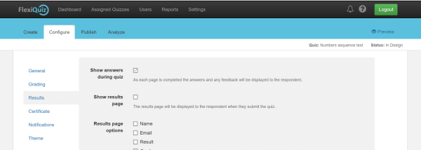 page to configure quiz results
