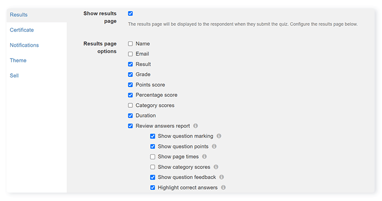 FlexiQuiz quiz maker options to build a custom results page