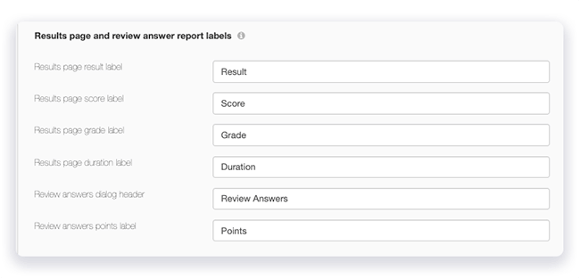 results page and review answer report labels for quiz