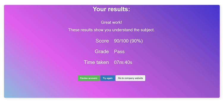 quiz results page with background image