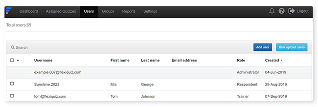 dashboard with flexiquiz users linked to your account