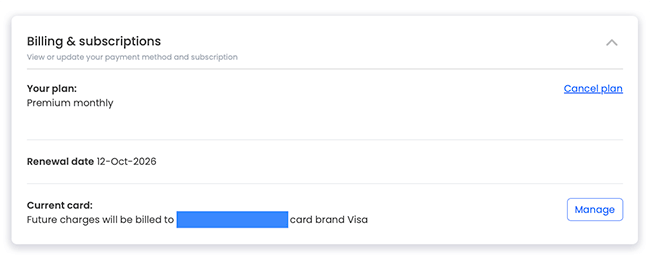 setting screen to update or manage billing details