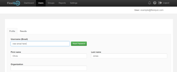 highlighting place to change flexiquiz username