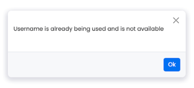 pop up message when username is in use