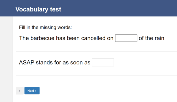 Example test using a fill in the blanks question