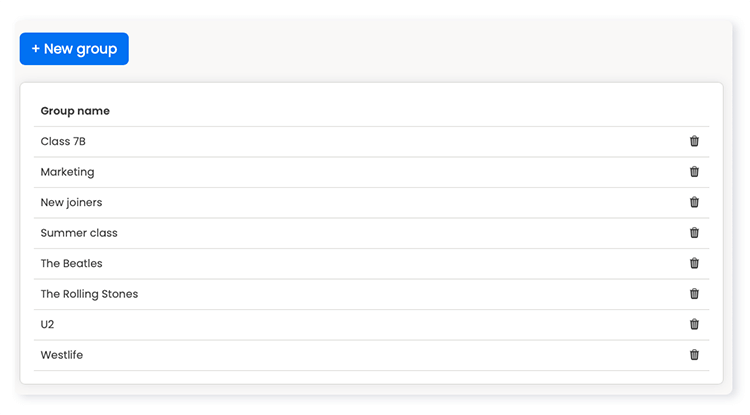 FlexiQuiz groups dashboard with a list of quiz groups