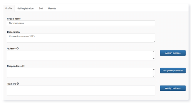 groups profile page to manage quizzes and respondents