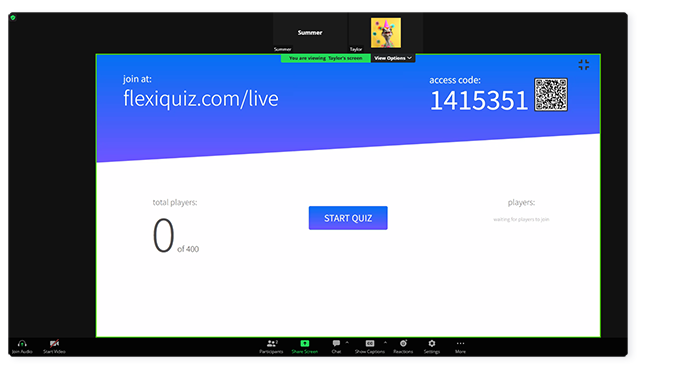 FlexiQuiz live host screen shared on zoom