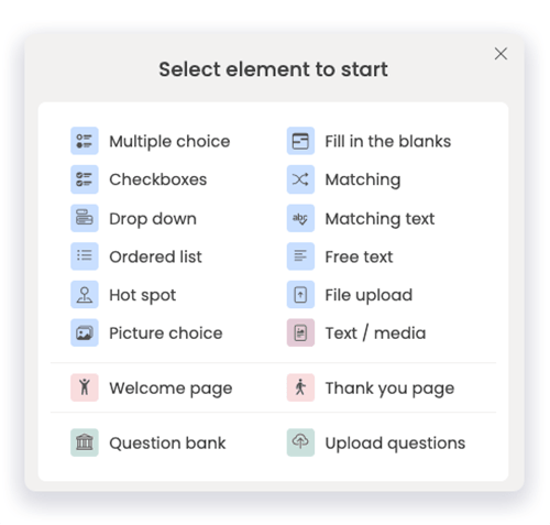 FlexiQuiz select page or question type to add to a quiz