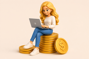 girl making a free online test sitting on money saved
