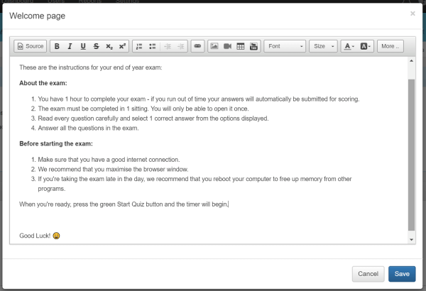 example welcome screen with exam instructions