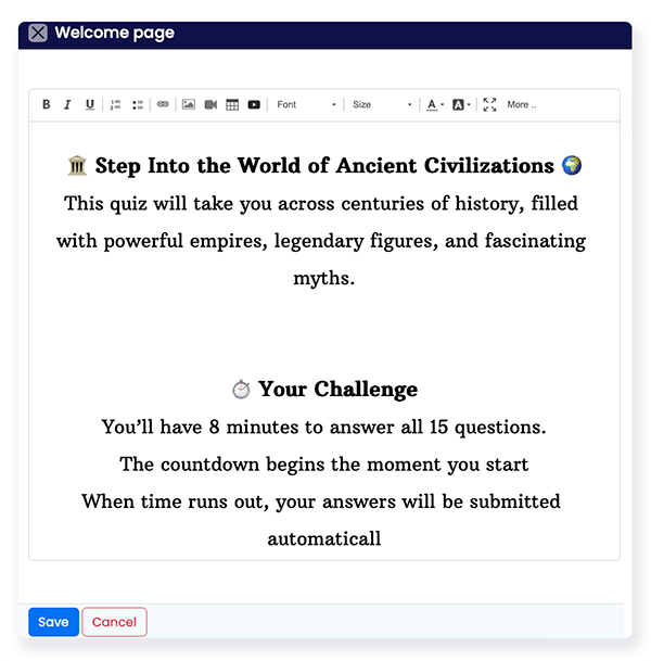 welcome screen editor to enter your text and images