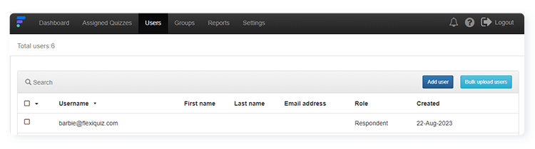 FlexiQuiz user management dashboard with button to add new Administrators to make and manage quizzes