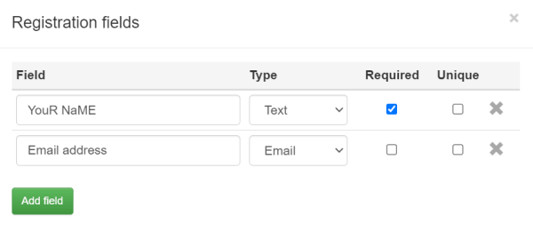 Quiz registration configuration screen