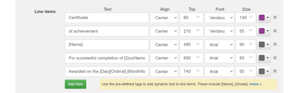 Line items to change text on quiz certificate