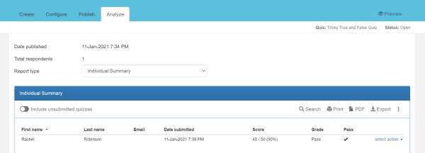 results table with submitted quizzes