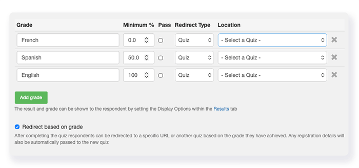 FlexiQuiz grades screen to add a redirect score