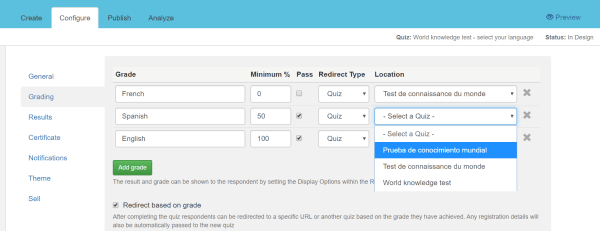 Grading configuration page showing how to set up a quiz redirect based on language preferences